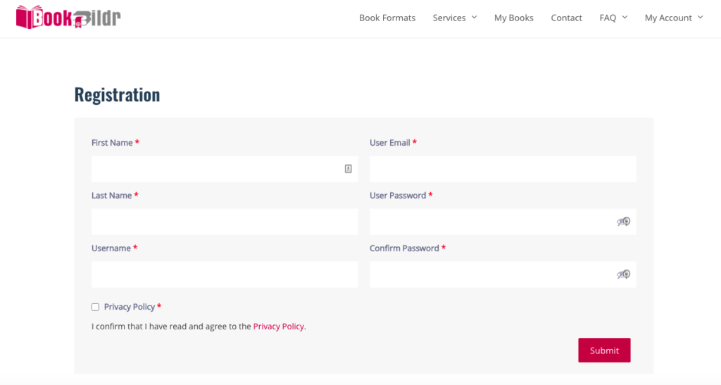 Bookbildr registration page screenshot
