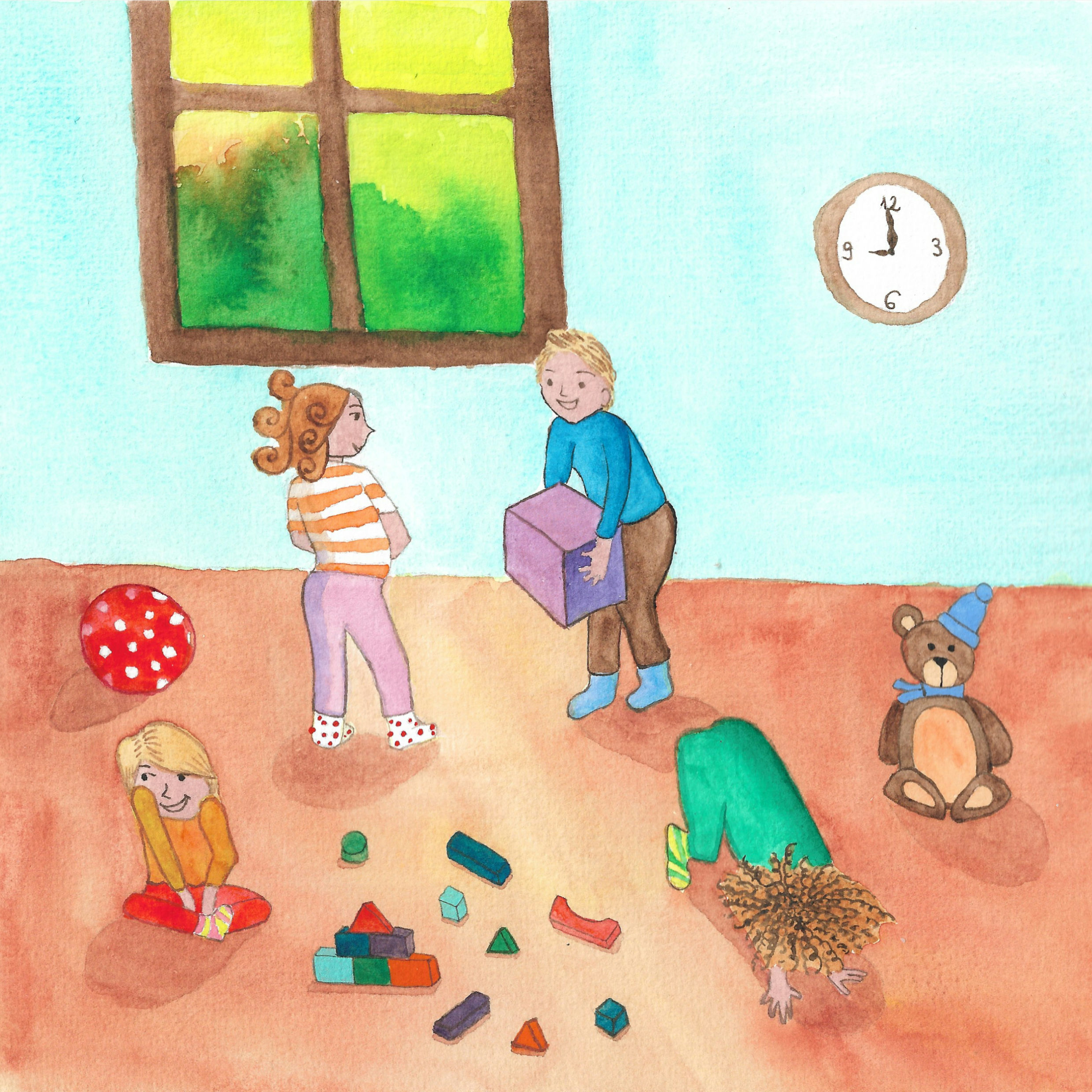 children at kindergarten watercolor