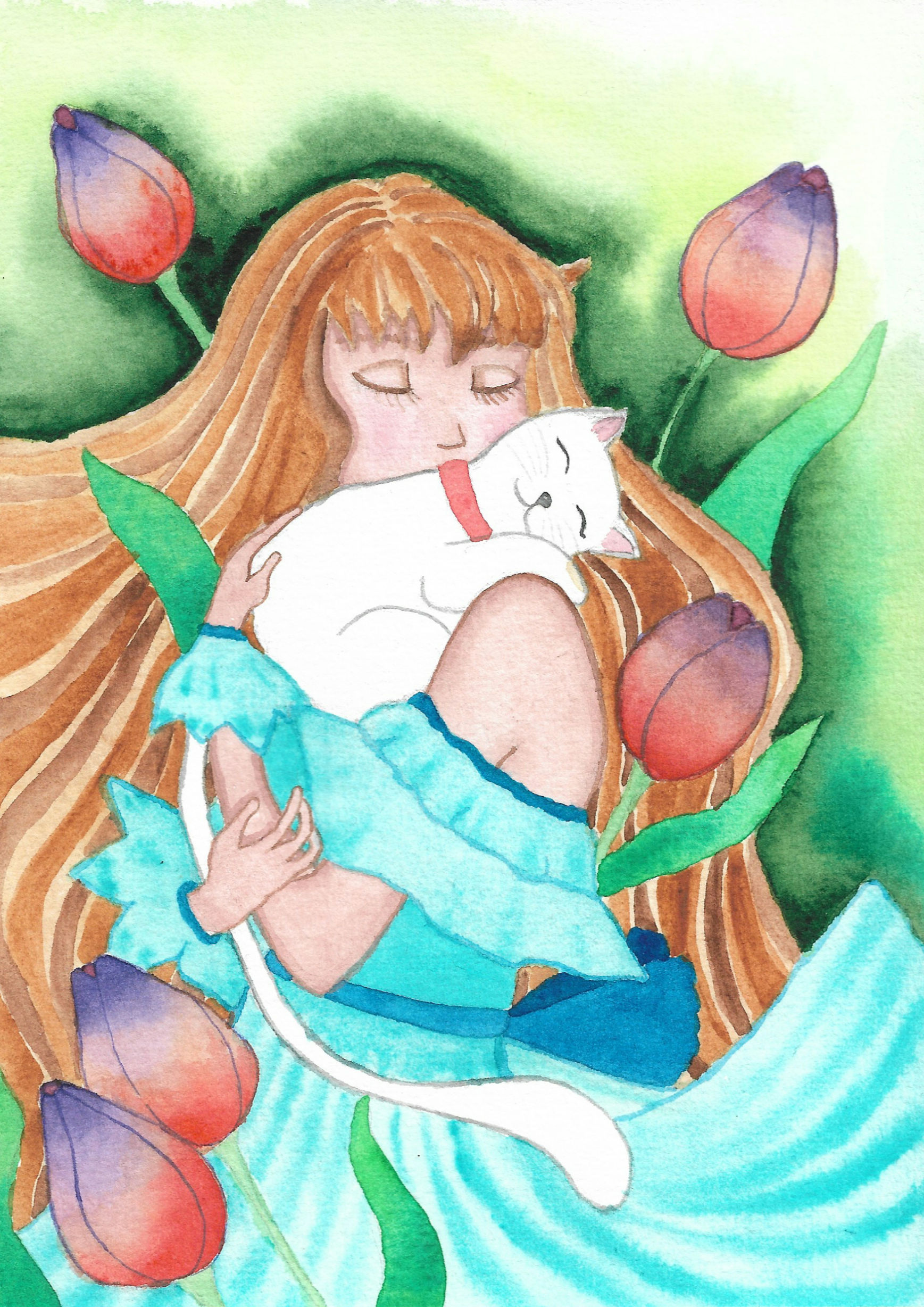 girl with a cat watercolor