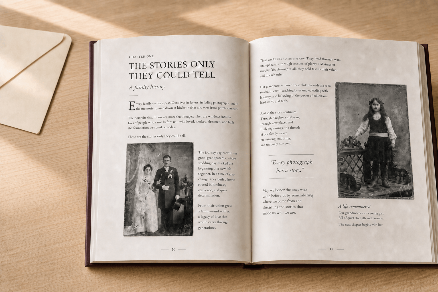 Family photographs and written memories arranged in a legacy book