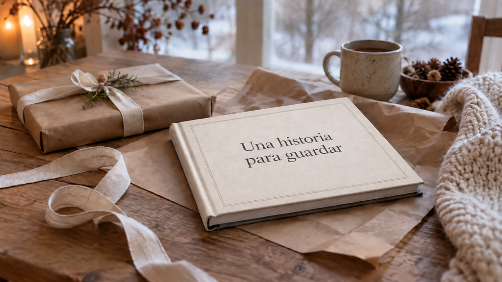 Libro de tapa crema con el título «Una historia para guardar» junto a un regalo envuelto en papel kraft, en un ambiente invernal acogedor.