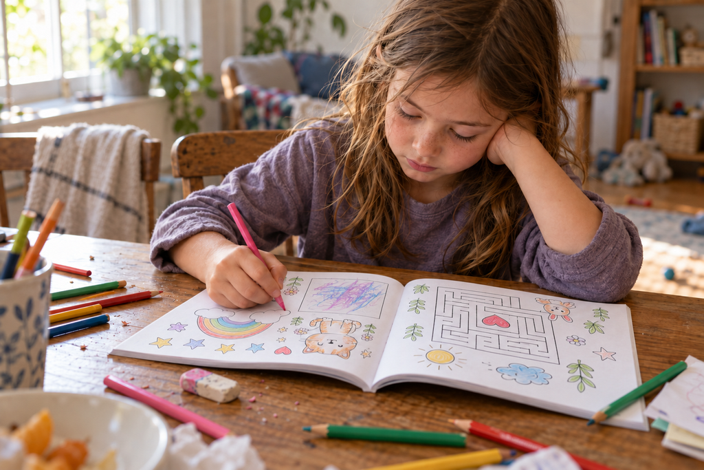 Child completing a maze in an activity book created with BookBildr